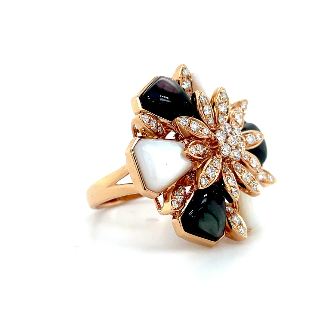 Black and White Mother of Pearl with Diamond Petals Ring Diamonds House
