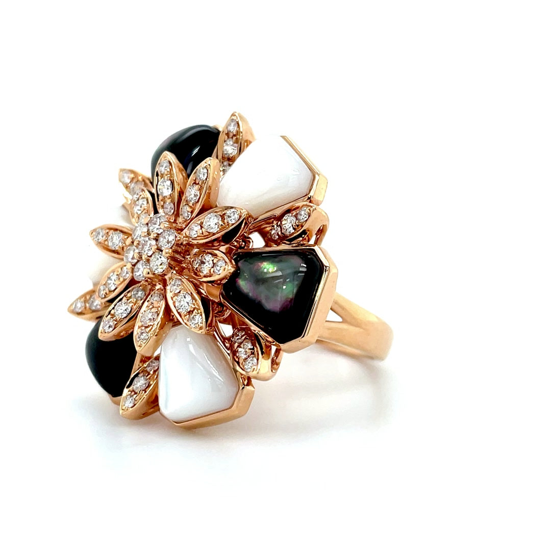 Black and White Mother of Pearl with Diamond Petals Ring Diamonds House