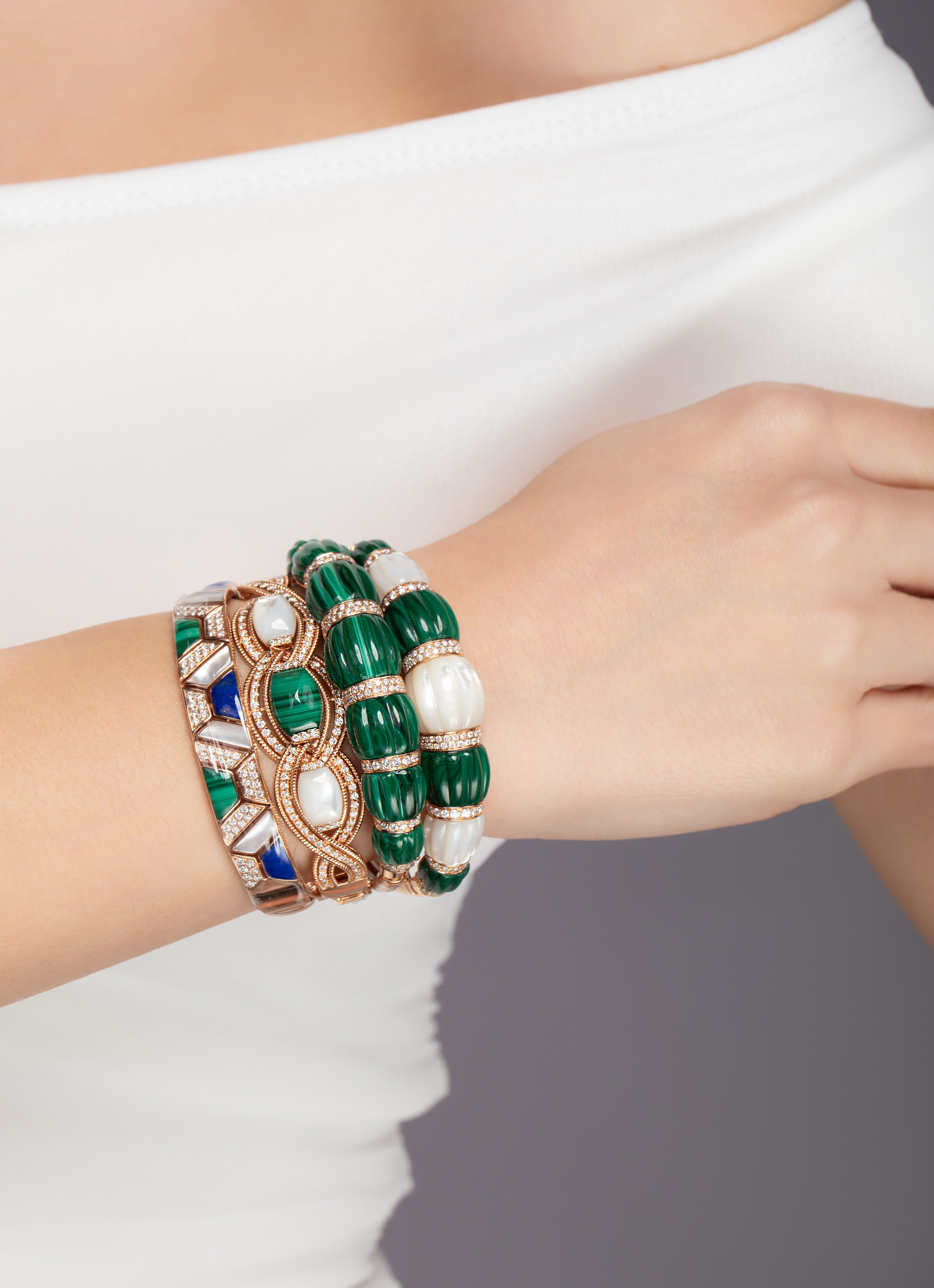 Malachite and Mother of Pearl Sculpted Beads Bangle Diamonds House