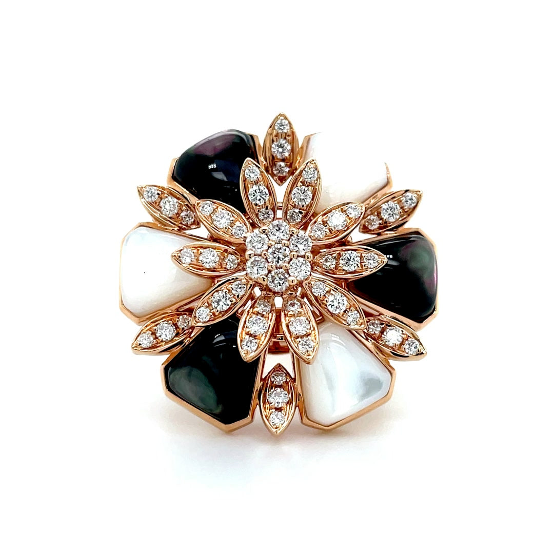 Black and White Mother of Pearl with Diamond Petals Ring Diamonds House