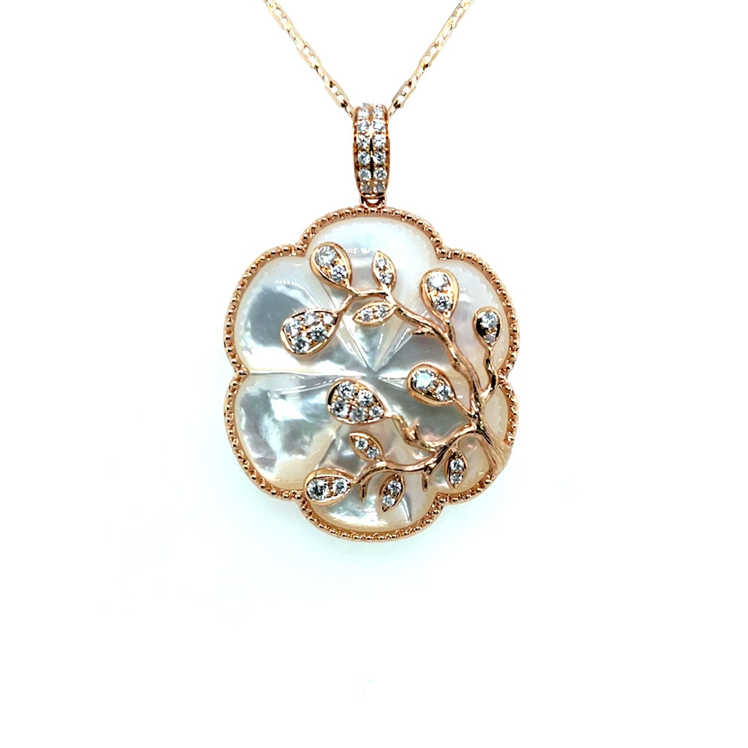 Mother of Pearl Pendant Necklace with Diamond Vine Motif Diamonds House