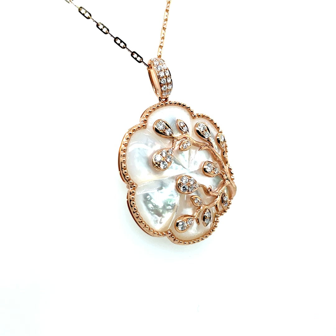 Mother of Pearl Pendant Necklace with Diamond Vine Motif Diamonds House