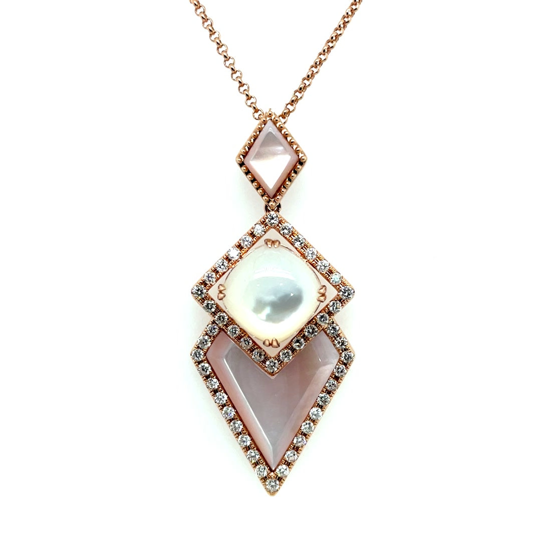 Modern Geometric Mother of Pearl and Diamond Pendant Necklace Diamonds House