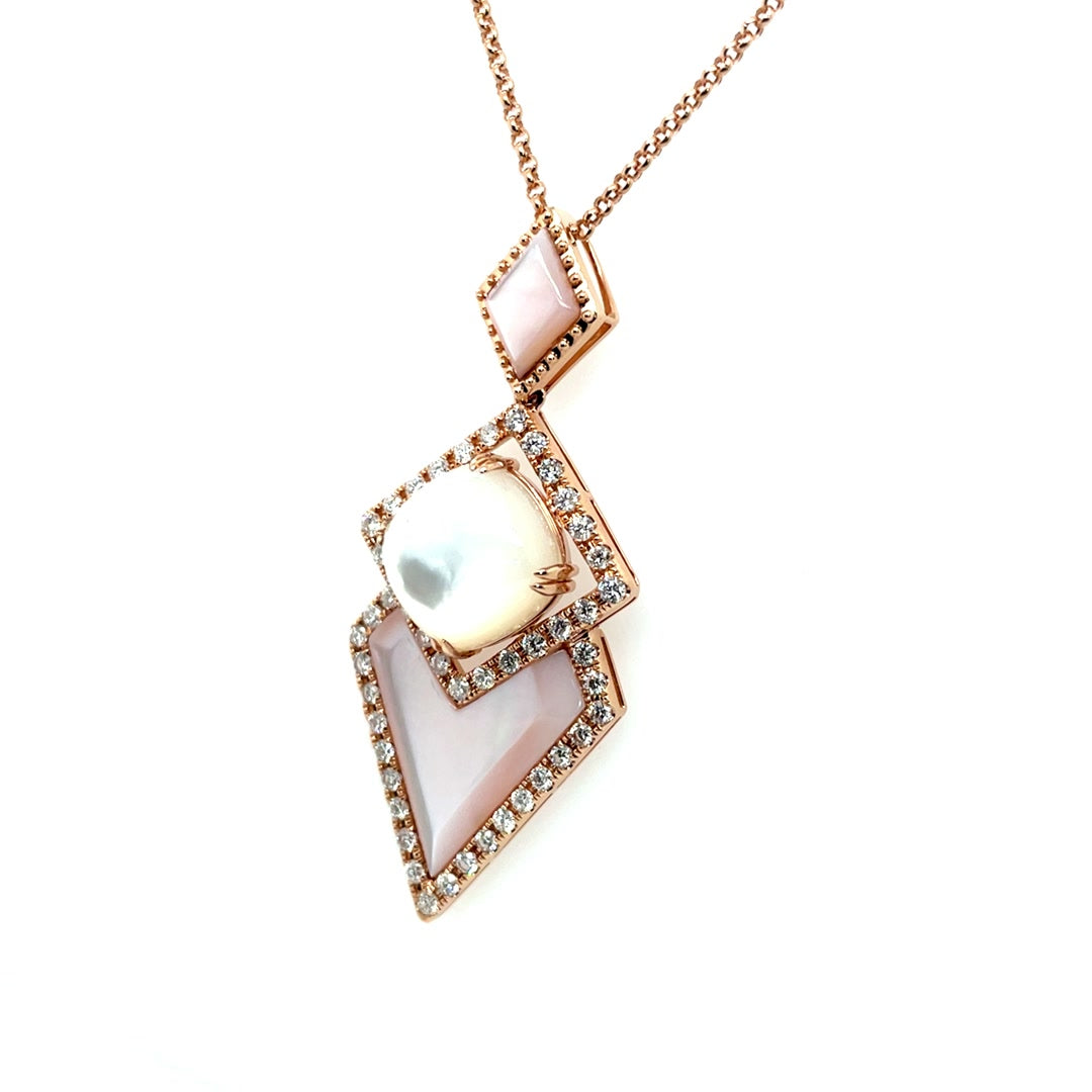 Modern Geometric Mother of Pearl and Diamond Pendant Necklace Diamonds House