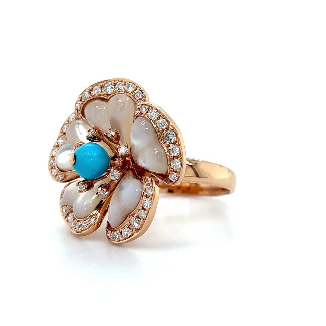 Mother of Pearl Flower Ring with Turquoise Center and Diamond Accents Diamonds House