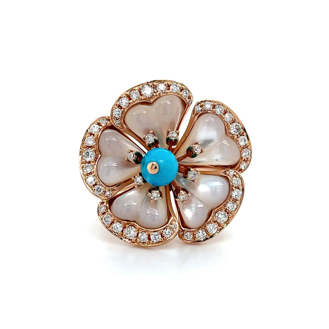 Mother of Pearl Flower Ring with Turquoise Center and Diamond Accents Diamonds House