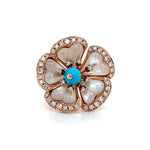 Mother of Pearl Flower Ring with Turquoise Center and Diamond Accents Diamonds House