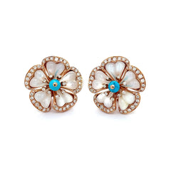 Mother of Pearl Flower Earring Studs with Turquoise Center and Diamond Accents Diamonds House