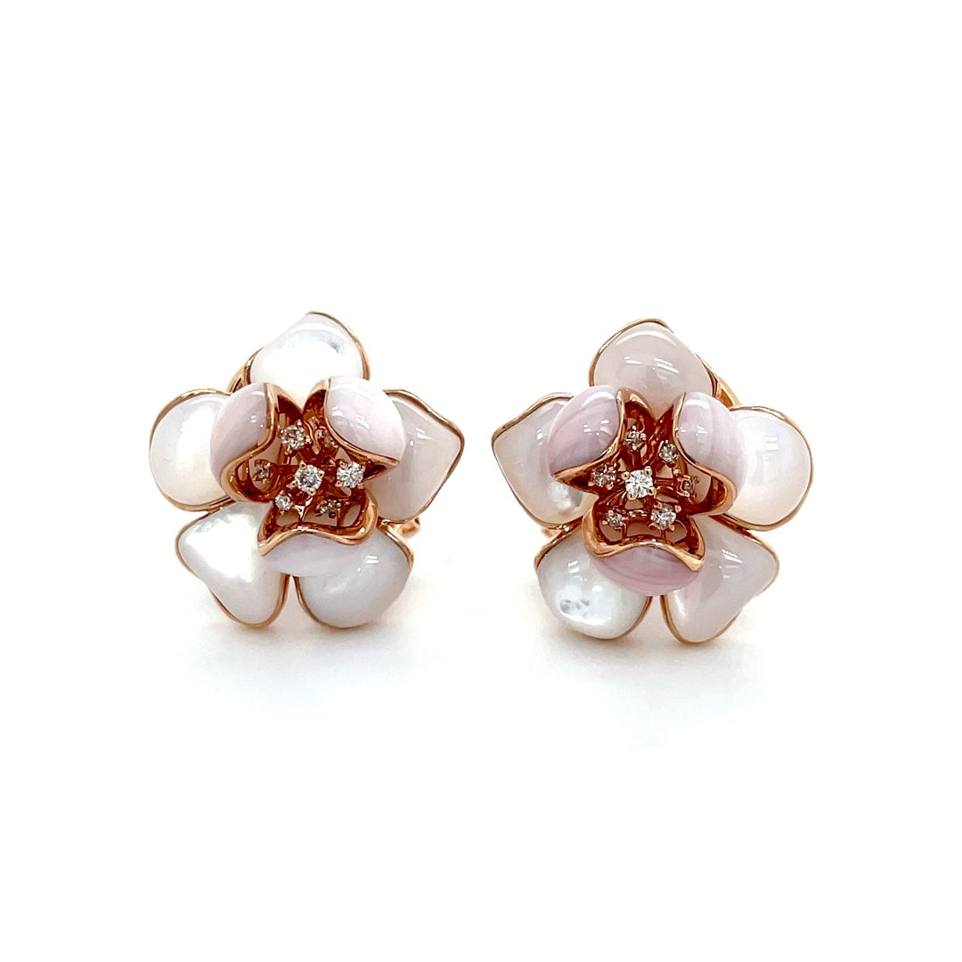 Stud Cherry Blossom Mother of Pearl Flower and Diamond Earrings Diamonds House