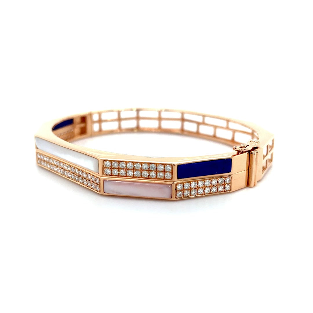 Two-Row Geometric Mother of Pearl and Diamond Bangle Diamonds House