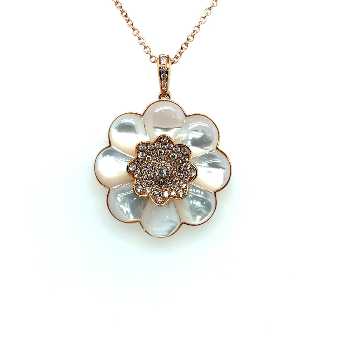 Mother of Pearl Flower Pendant Necklace with Diamond Center in Rose Gold Diamonds House