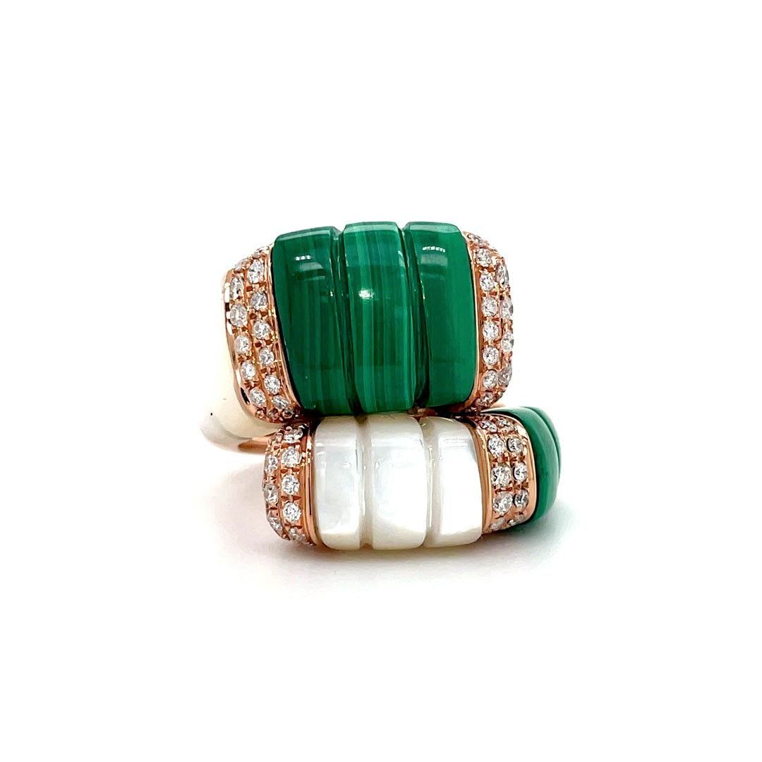 Double Band Malachite and Mother of Pearl Dome Diamond Ring Diamonds House