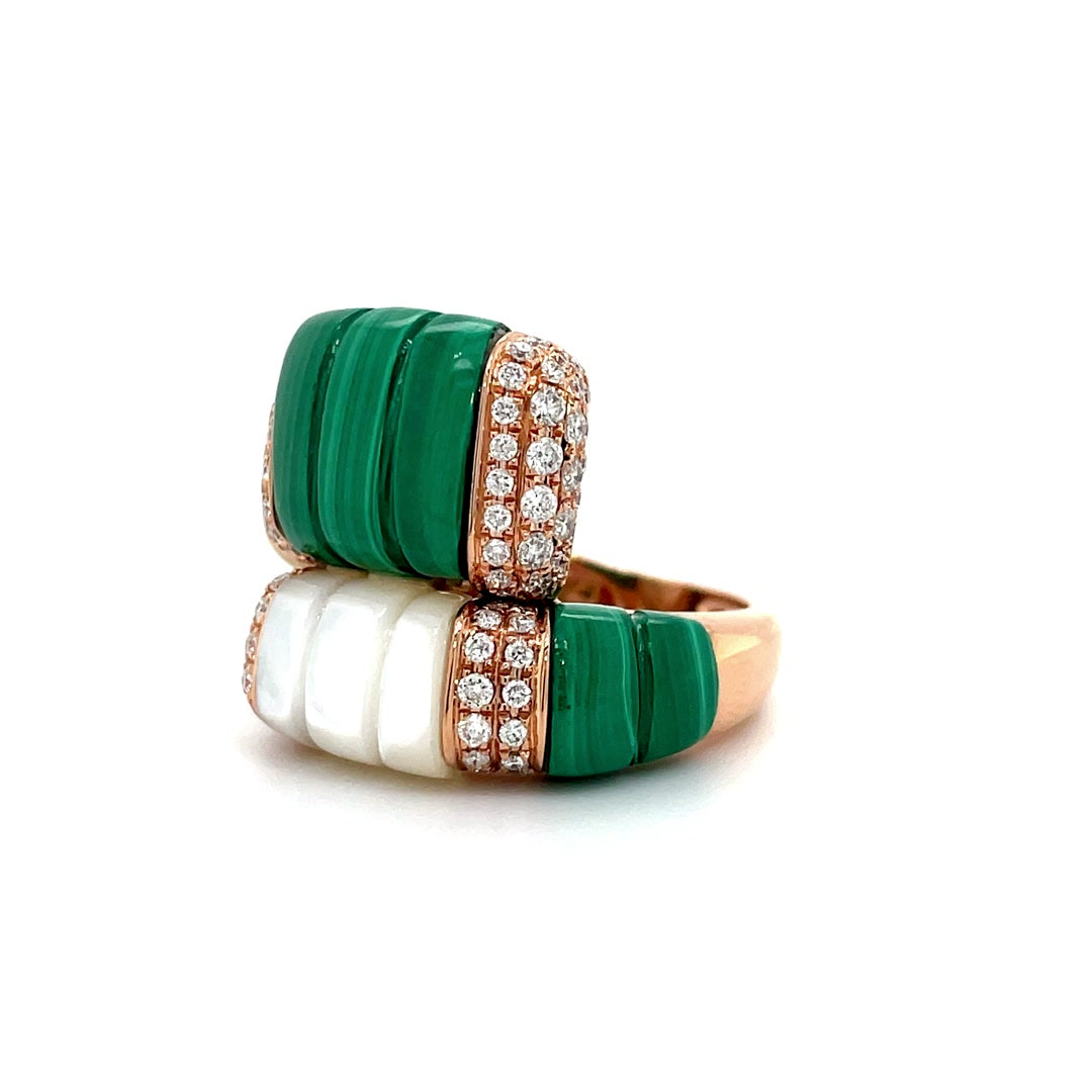 Double Band Malachite and Mother of Pearl Dome Diamond Ring Diamonds House