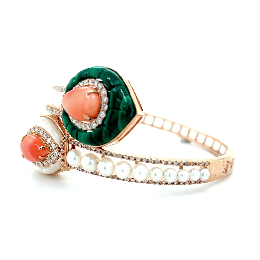 Cuff Coral, Malachite, and Mother of Pearl with Diamond Accents Bangle Diamonds House