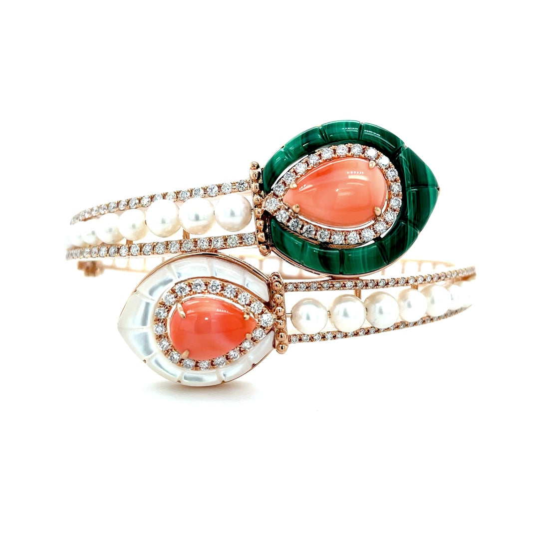 Cuff Coral, Malachite, and Mother of Pearl with Diamond Accents Bangle Diamonds House