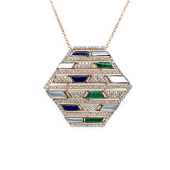 Geometric Hexagonal Diamond and Gemstones Pendant Necklace Diamonds House