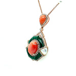 Tear Drop Coral and Malachite Pendant Necklace Diamonds House