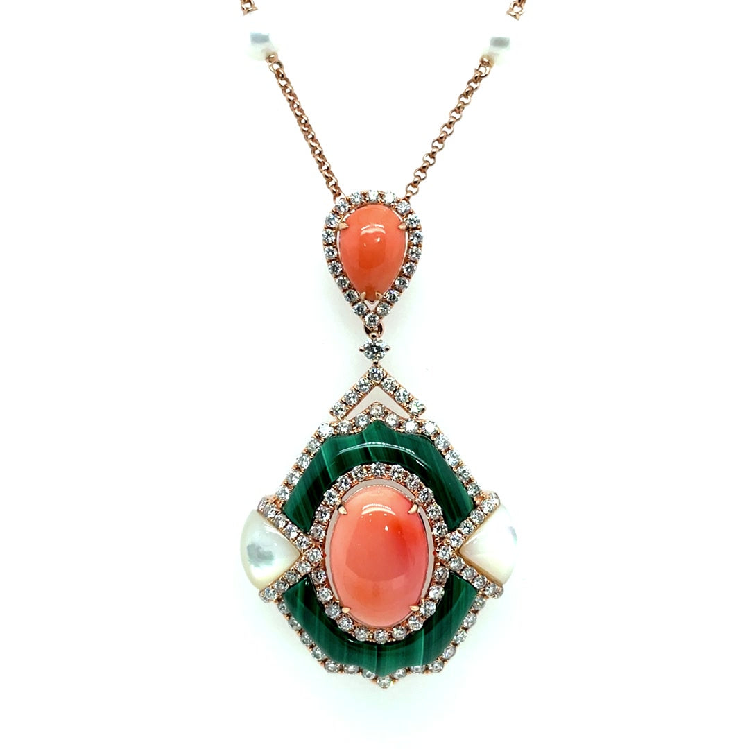 Tear Drop Coral and Malachite Pendant Necklace Diamonds House