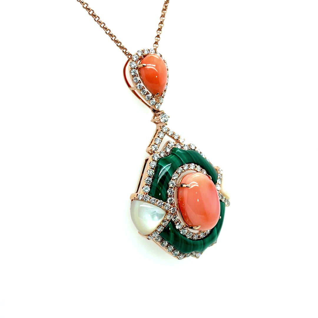 Tear Drop Coral and Malachite Pendant Necklace Diamonds House