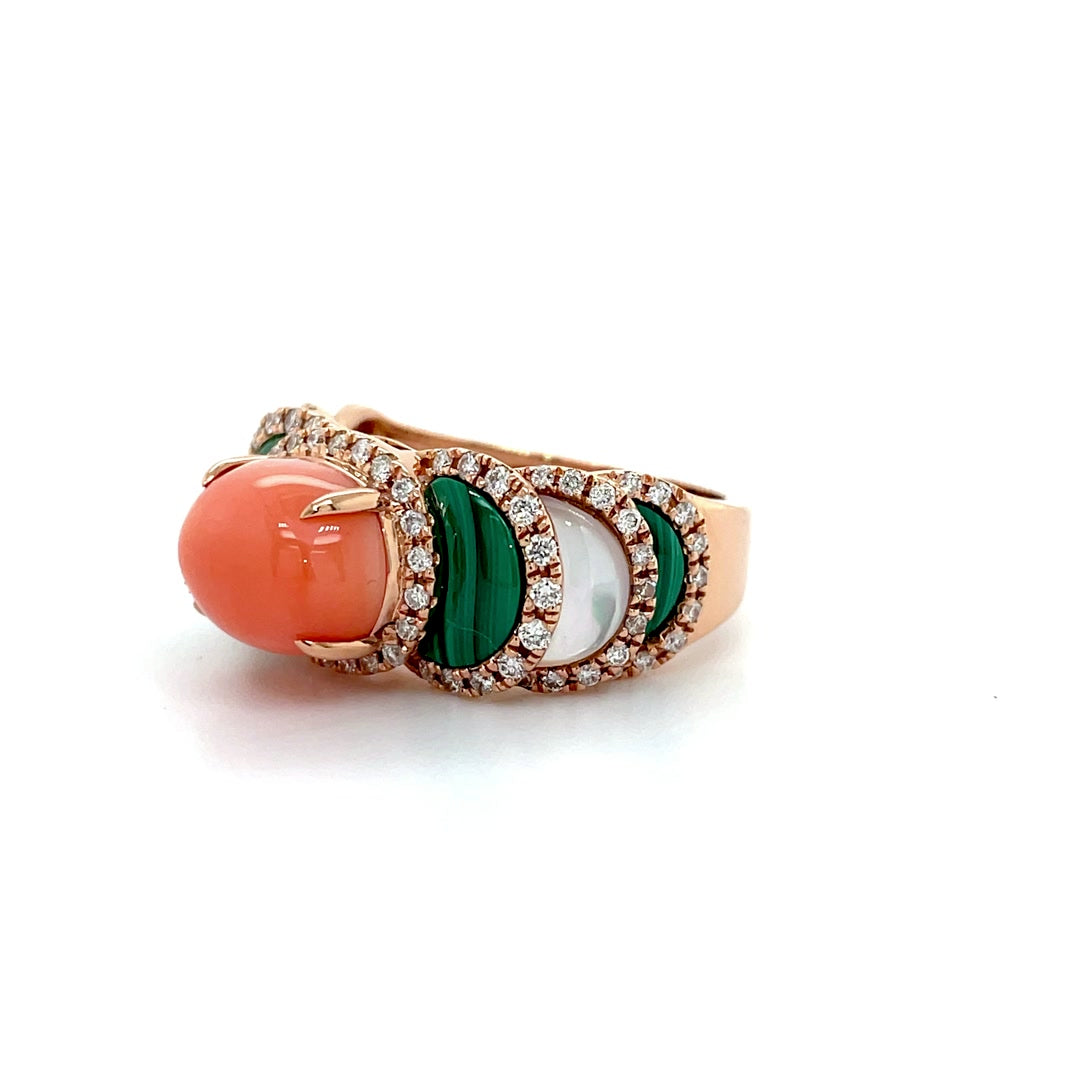 Coral and Malachite Statement Diamond Halo Ring Diamonds House