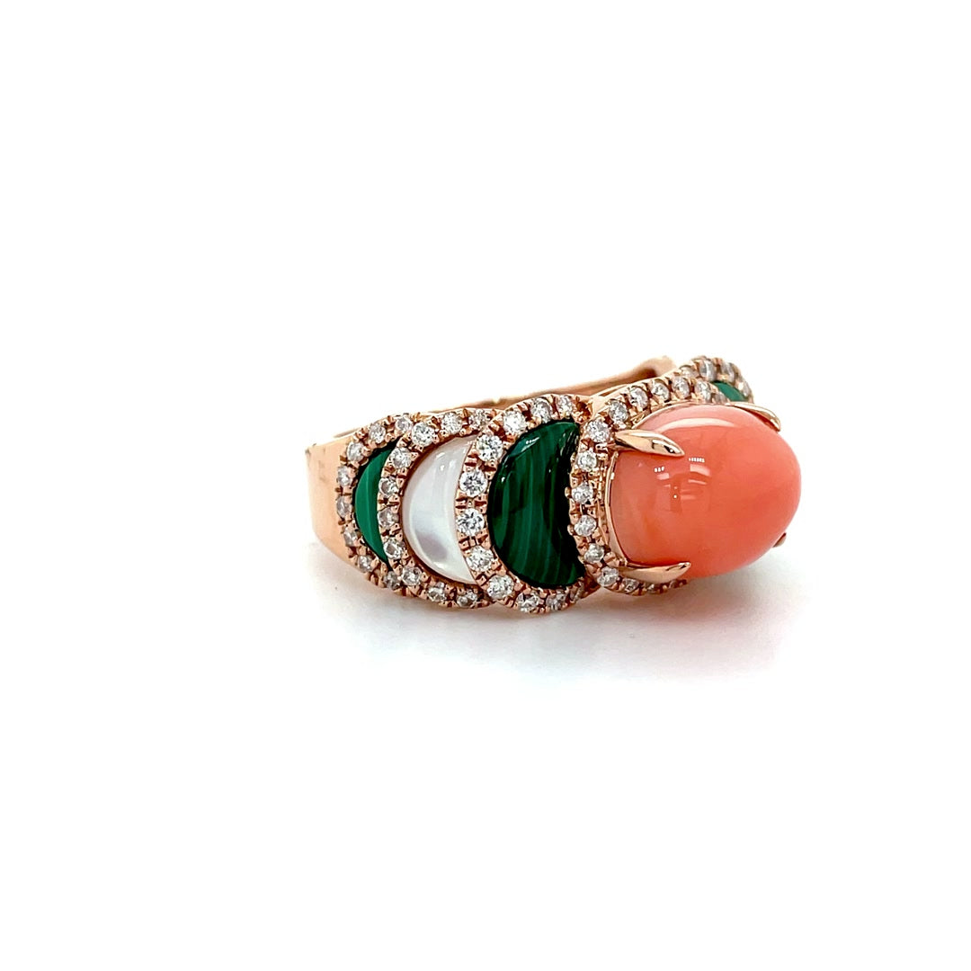 Coral and Malachite Statement Diamond Halo Ring Diamonds House