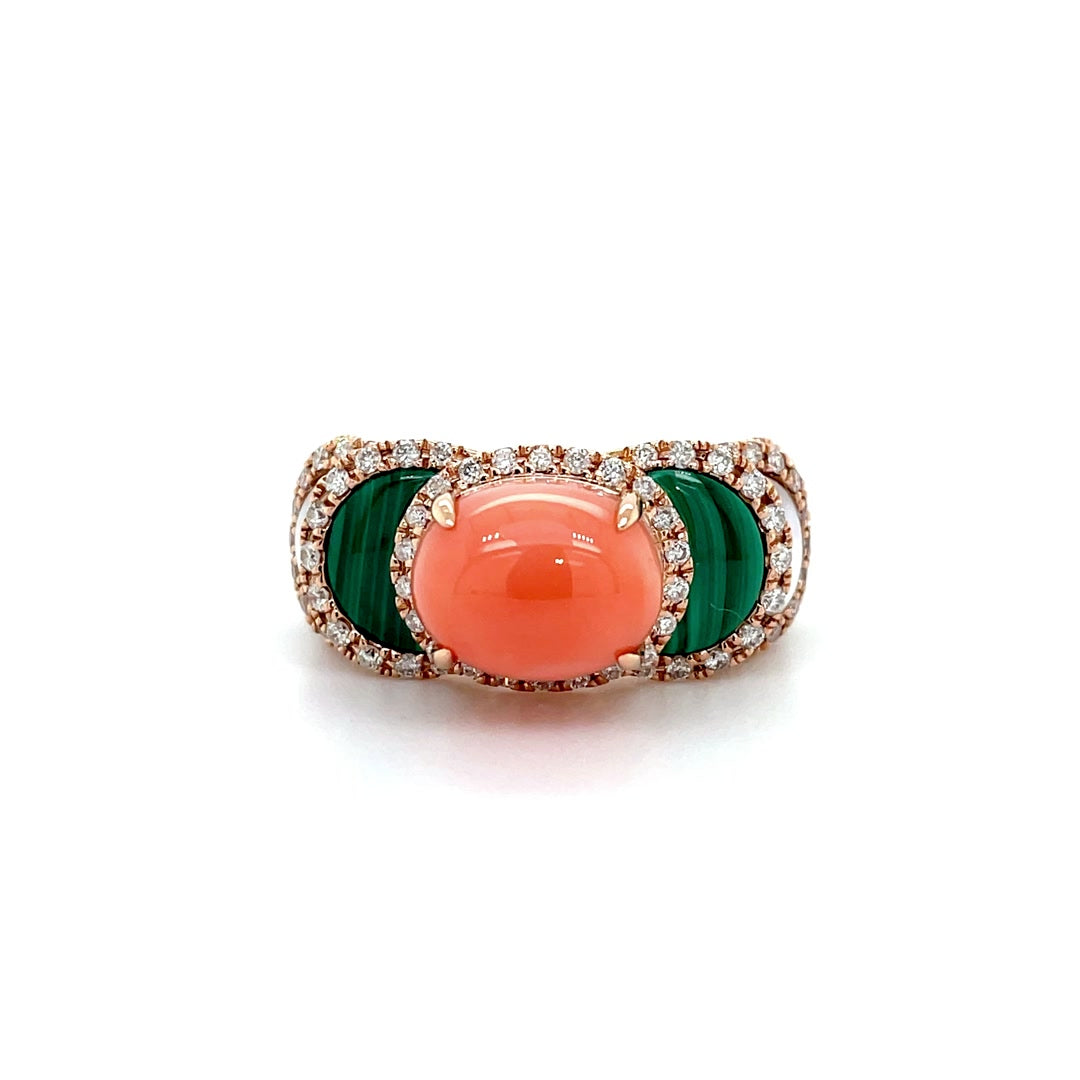 Coral and Malachite Statement Diamond Halo Ring Diamonds House