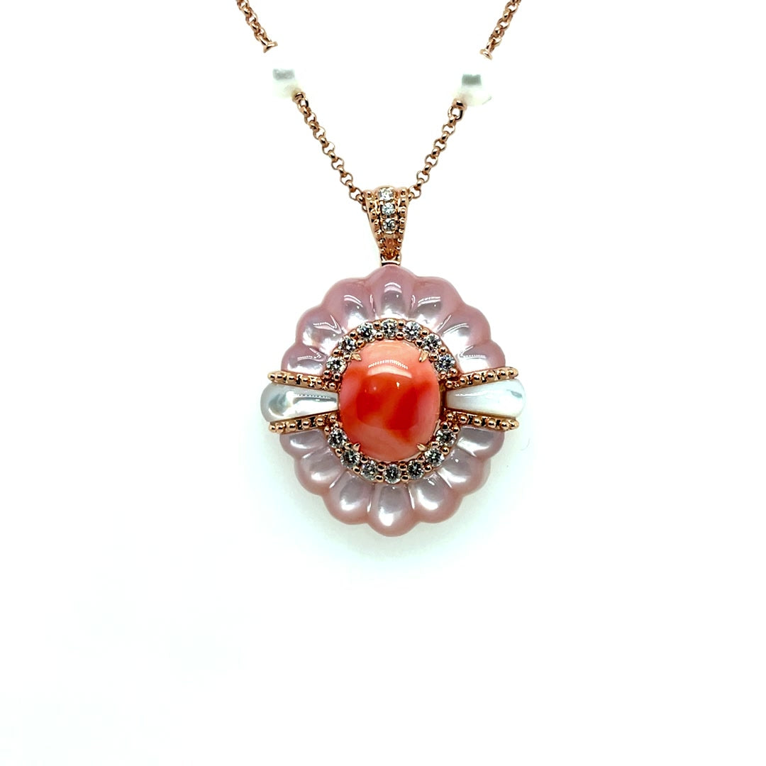 Blossoming Pink Mother of Pearl Flower with Center Coral Diamond Pendant Necklace Diamonds House