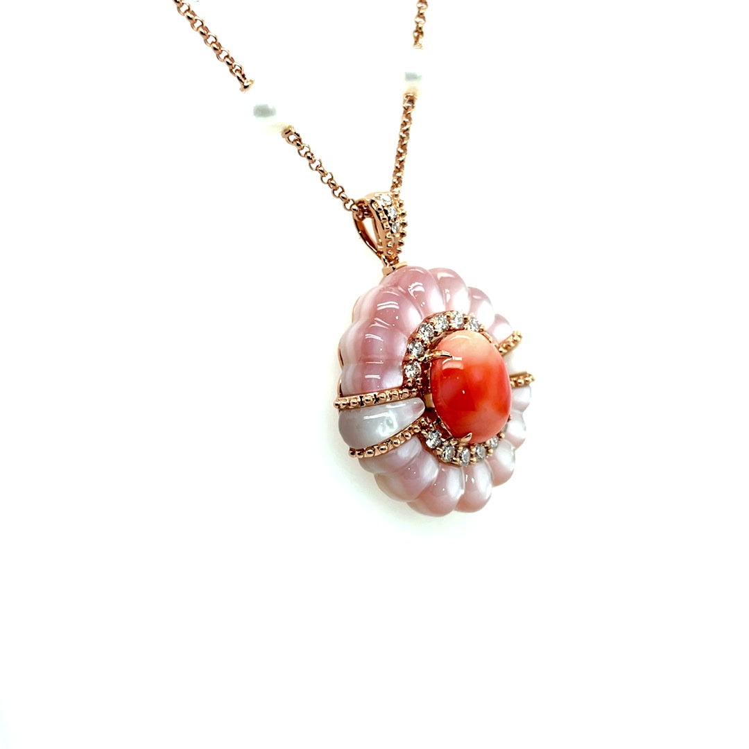 Blossoming Pink Mother of Pearl Flower with Center Coral Diamond Pendant Necklace Diamonds House