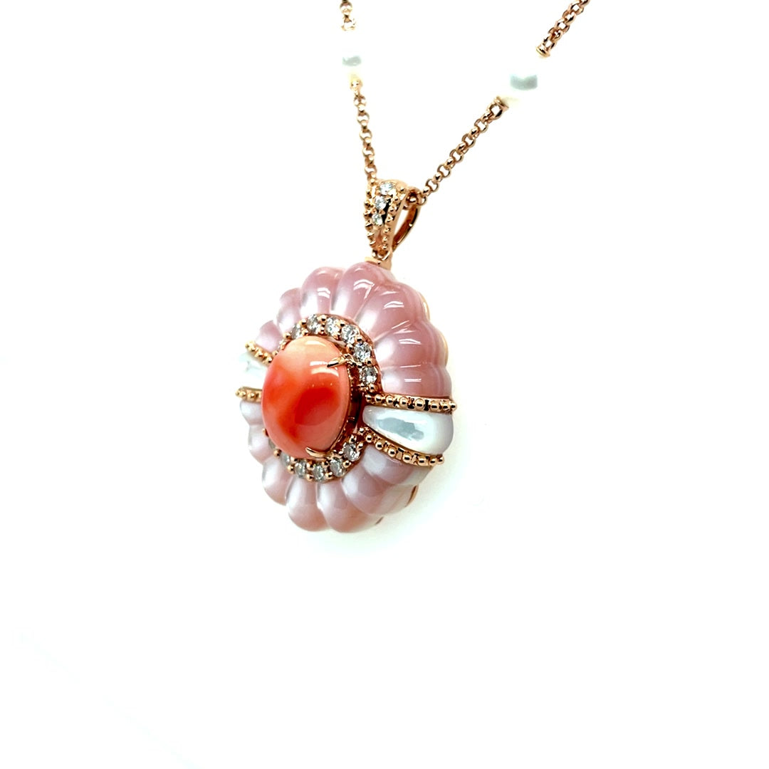 Blossoming Pink Mother of Pearl Flower with Center Coral Diamond Pendant Necklace Diamonds House