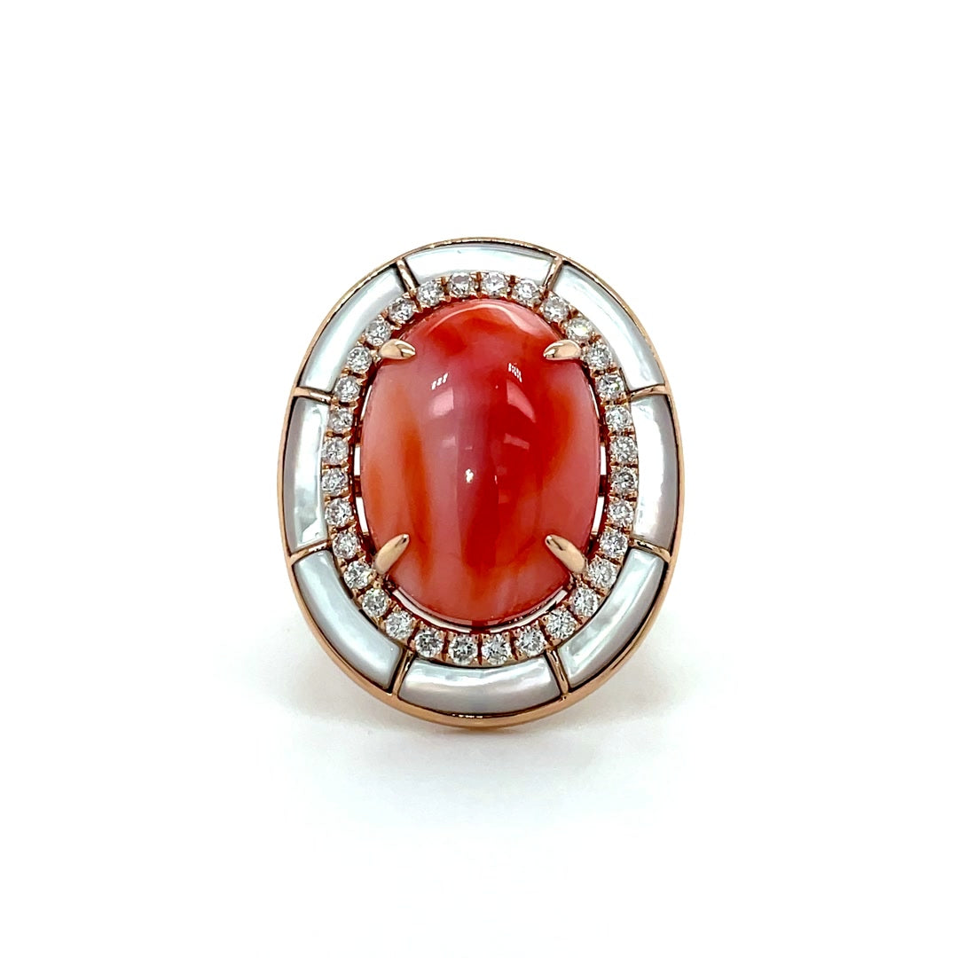 Oval Coral and Mother of Pearl Ring with Diamond Halo Diamonds House