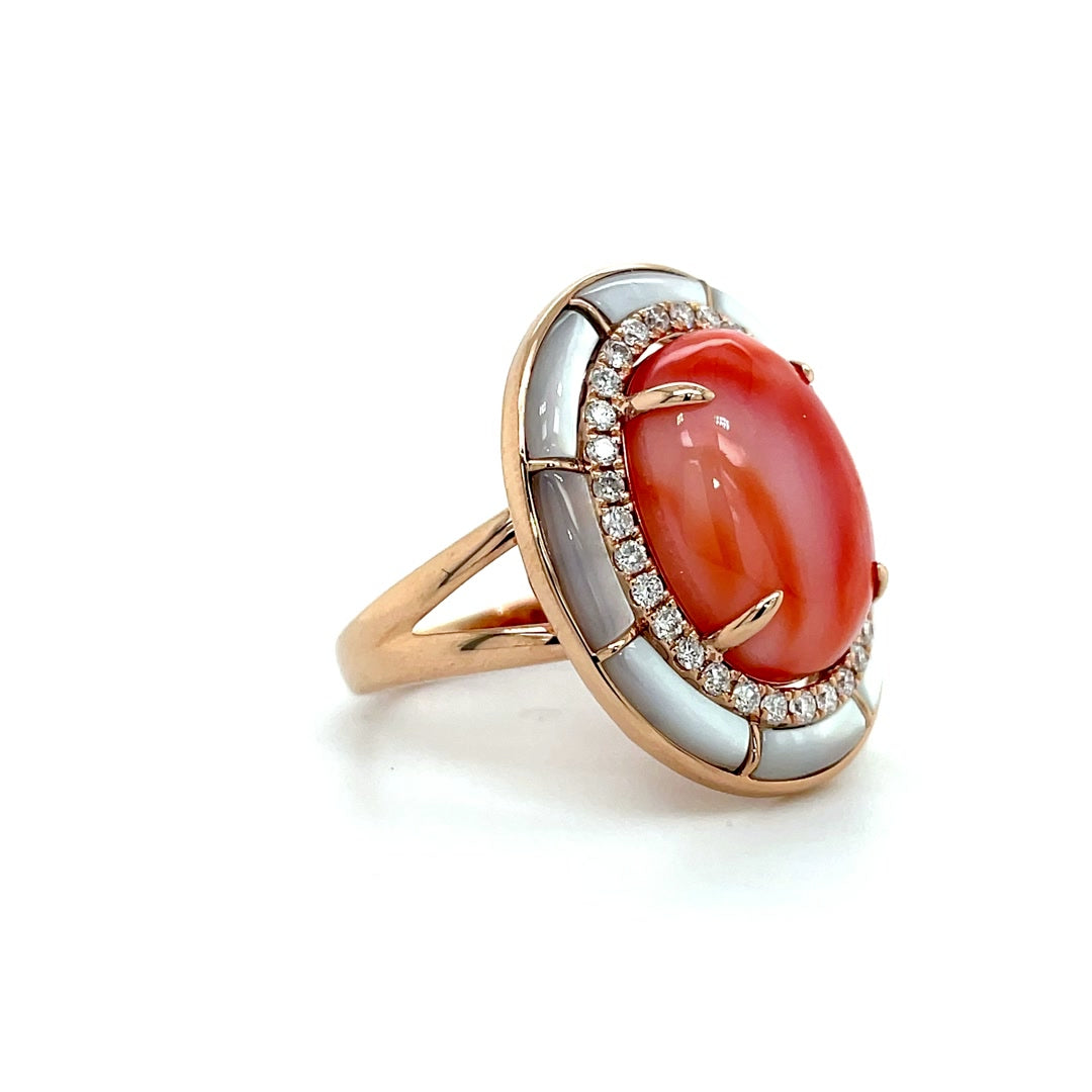 Oval Coral and Mother of Pearl Ring with Diamond Halo Diamonds House