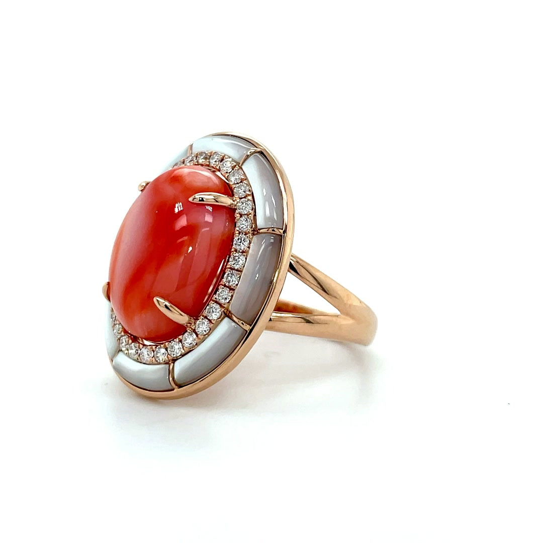 Oval Coral and Mother of Pearl Ring with Diamond Halo Diamonds House