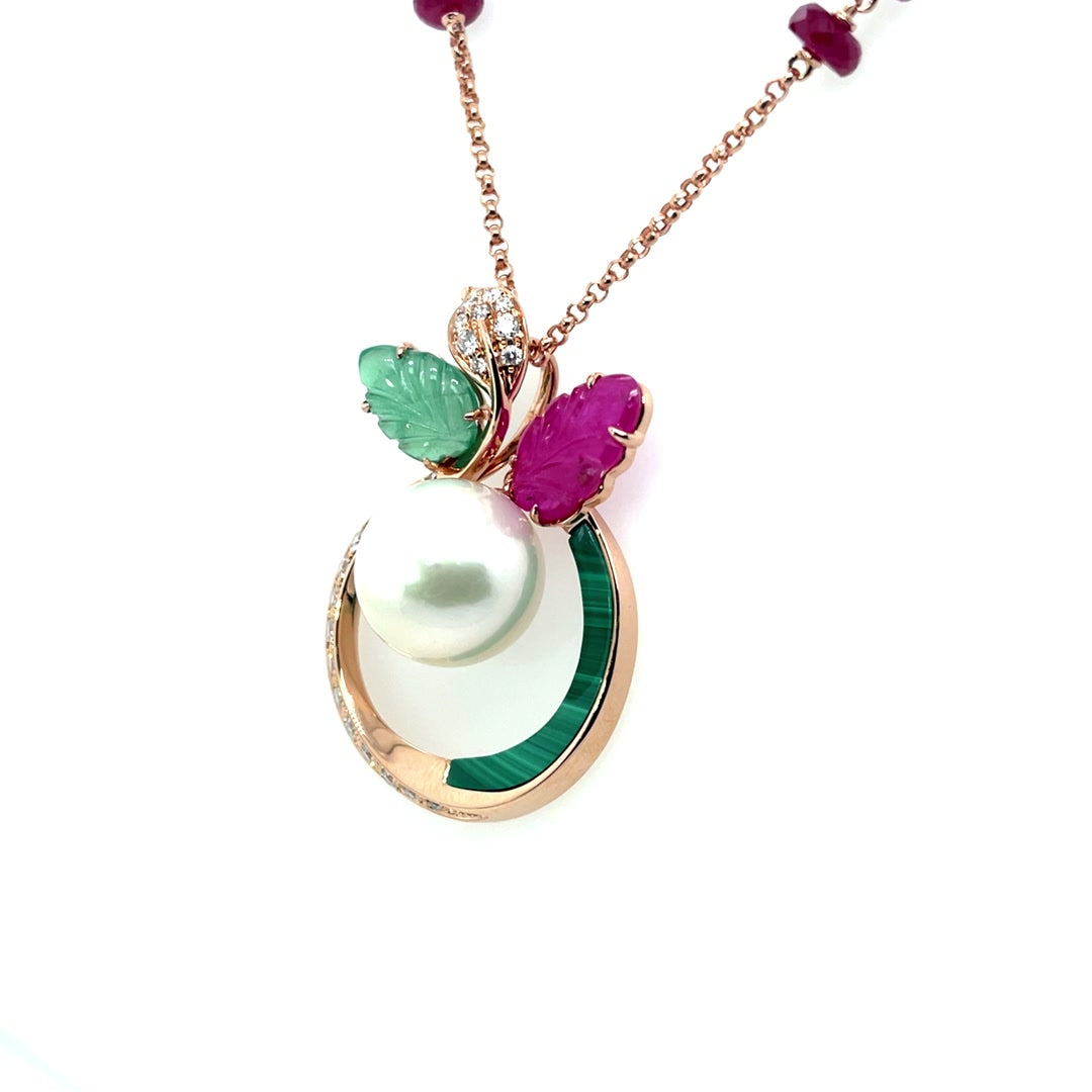 Blossom Pendant Necklace with Center Pearl, Malachite, and Diamond Diamonds House