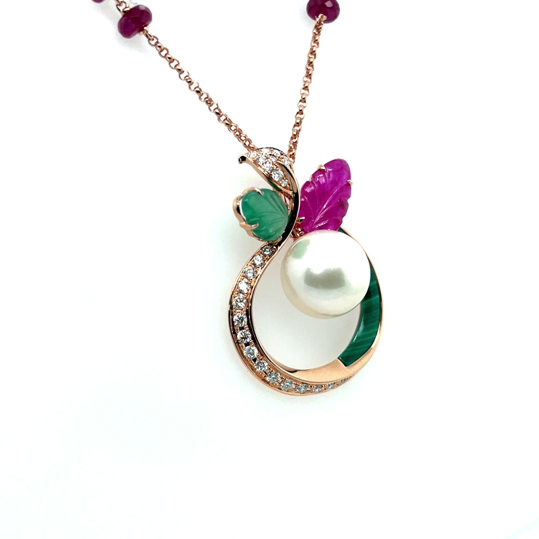 Blossom Pendant Necklace with Center Pearl, Malachite, and Diamond Diamonds House