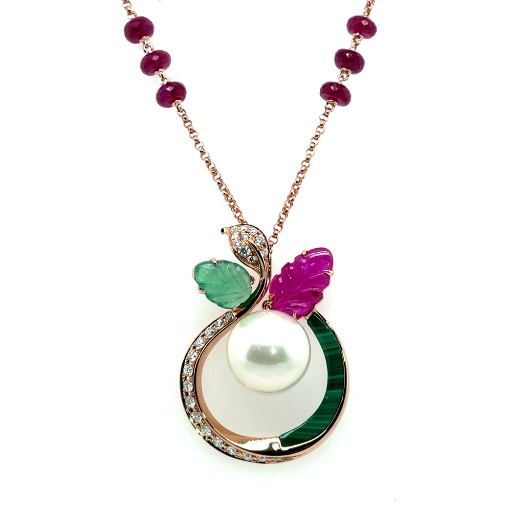 Blossom Pendant Necklace with Center Pearl, Malachite, and Diamond Diamonds House