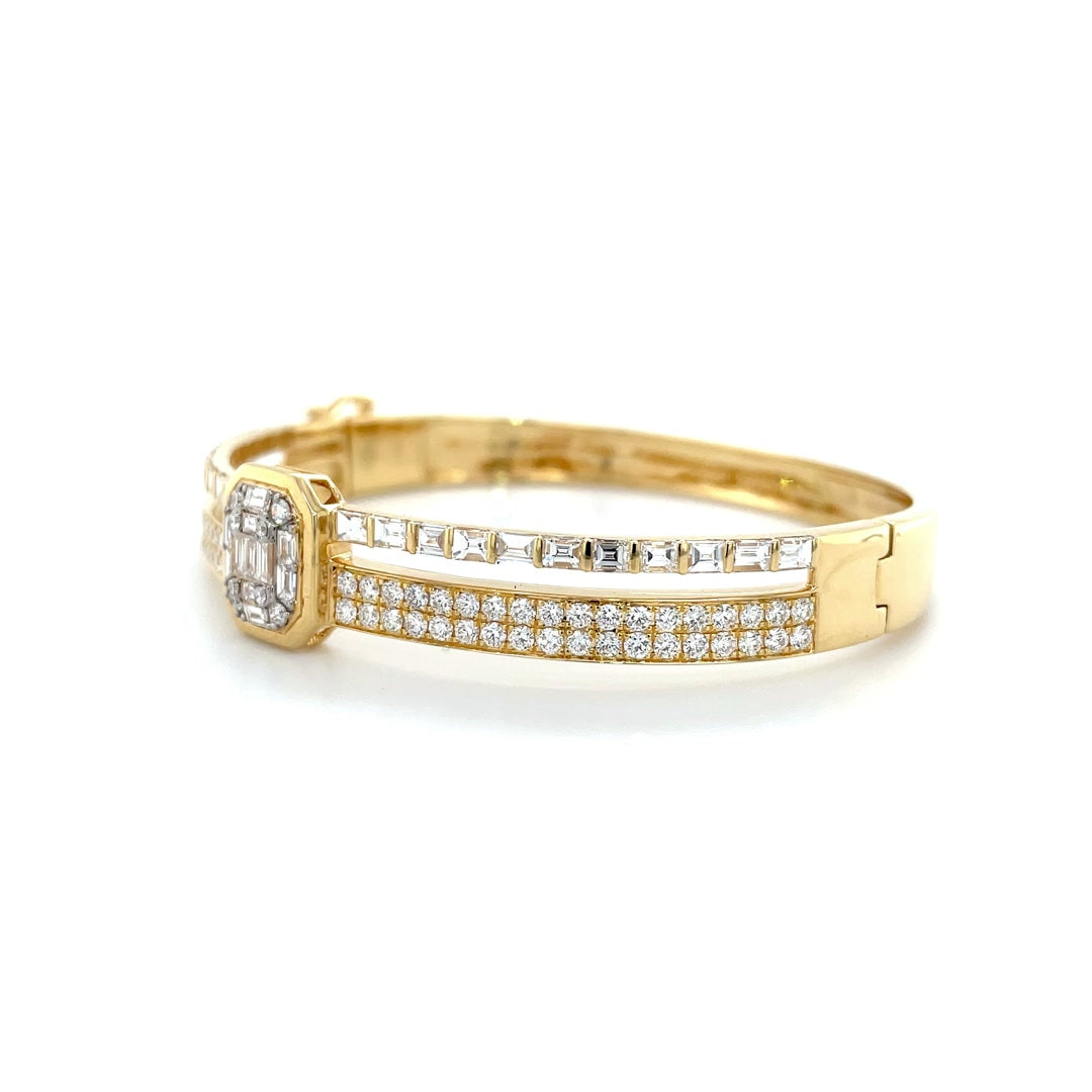 Two-Row Bezel-Set Square Pavé and Baguette Diamonds Bangle in Yellow Gold Diamonds House