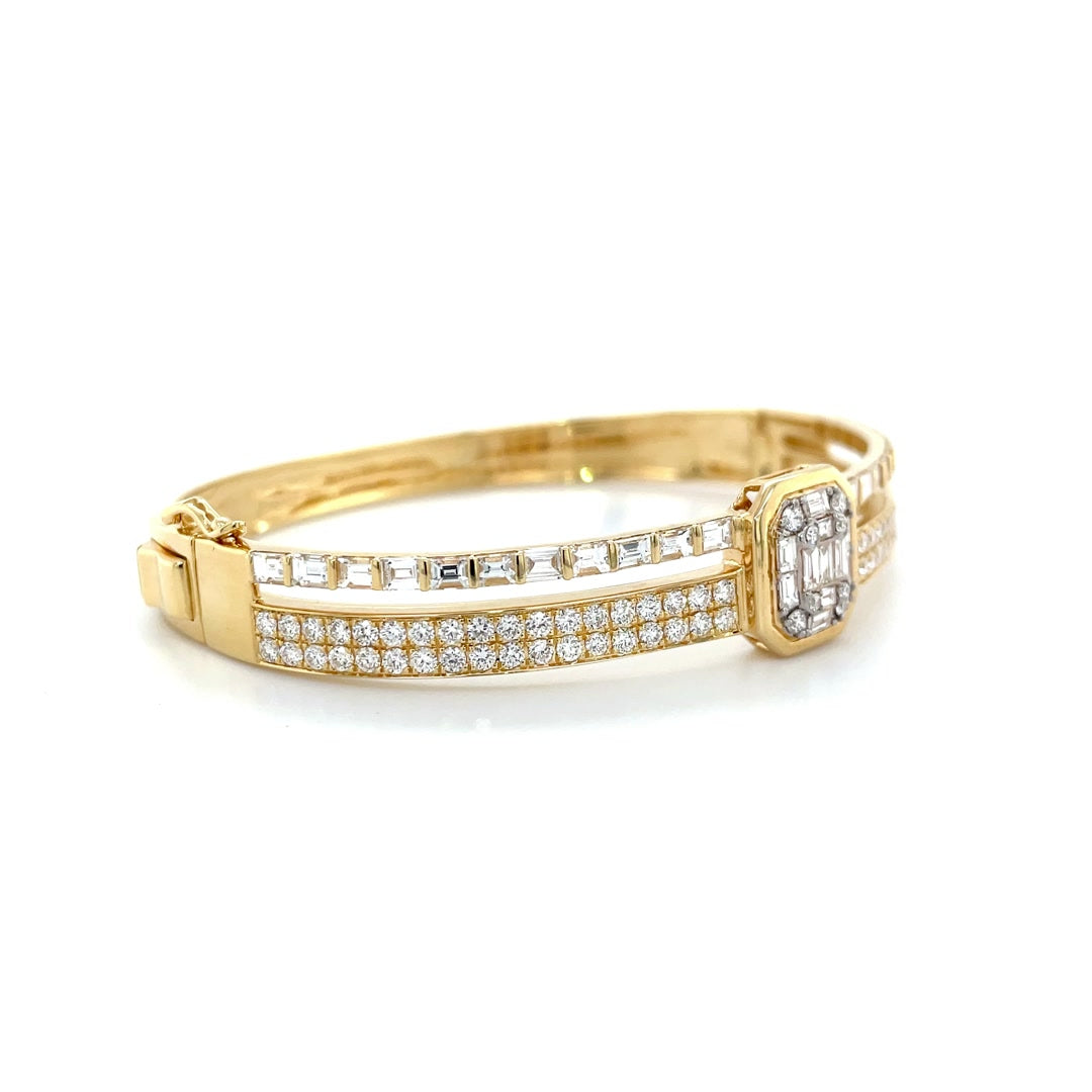 Two-Row Bezel-Set Square Pavé and Baguette Diamonds Bangle in Yellow Gold Diamonds House