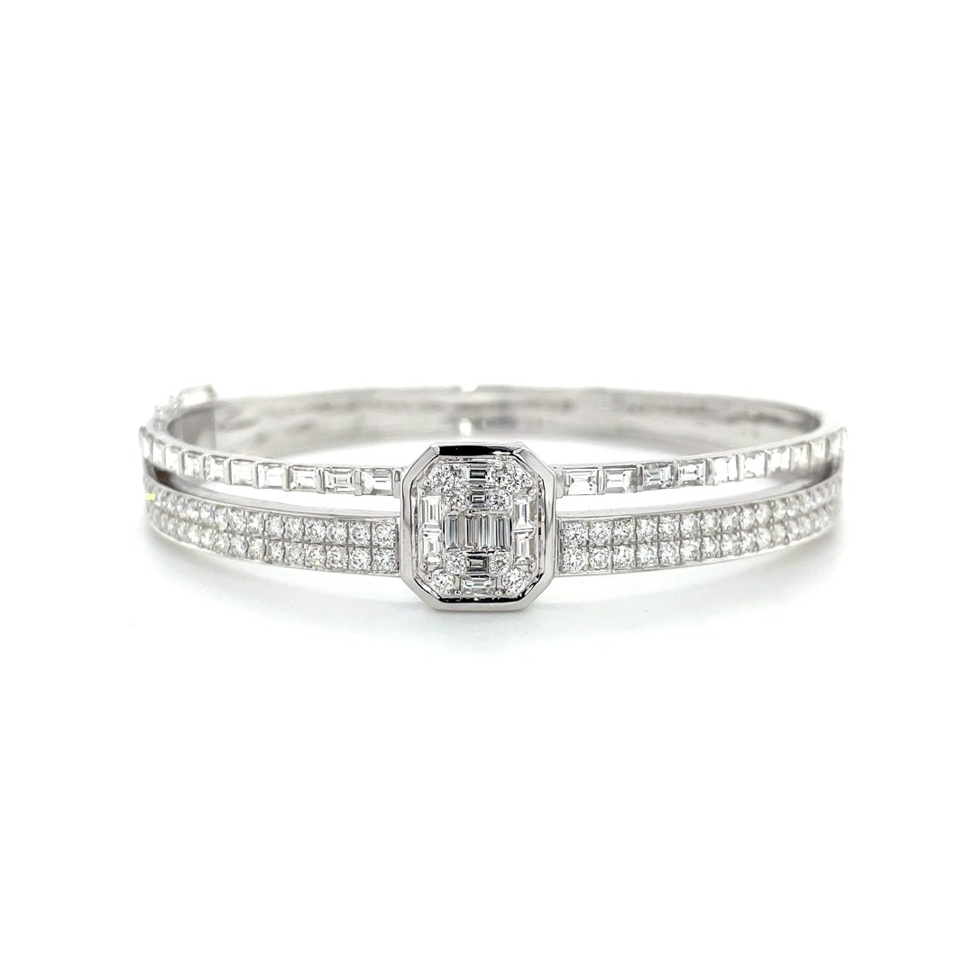 Two-Row Bezel-Set Square Pavé and Baguette Diamond Bangle in White Gold Diamonds House