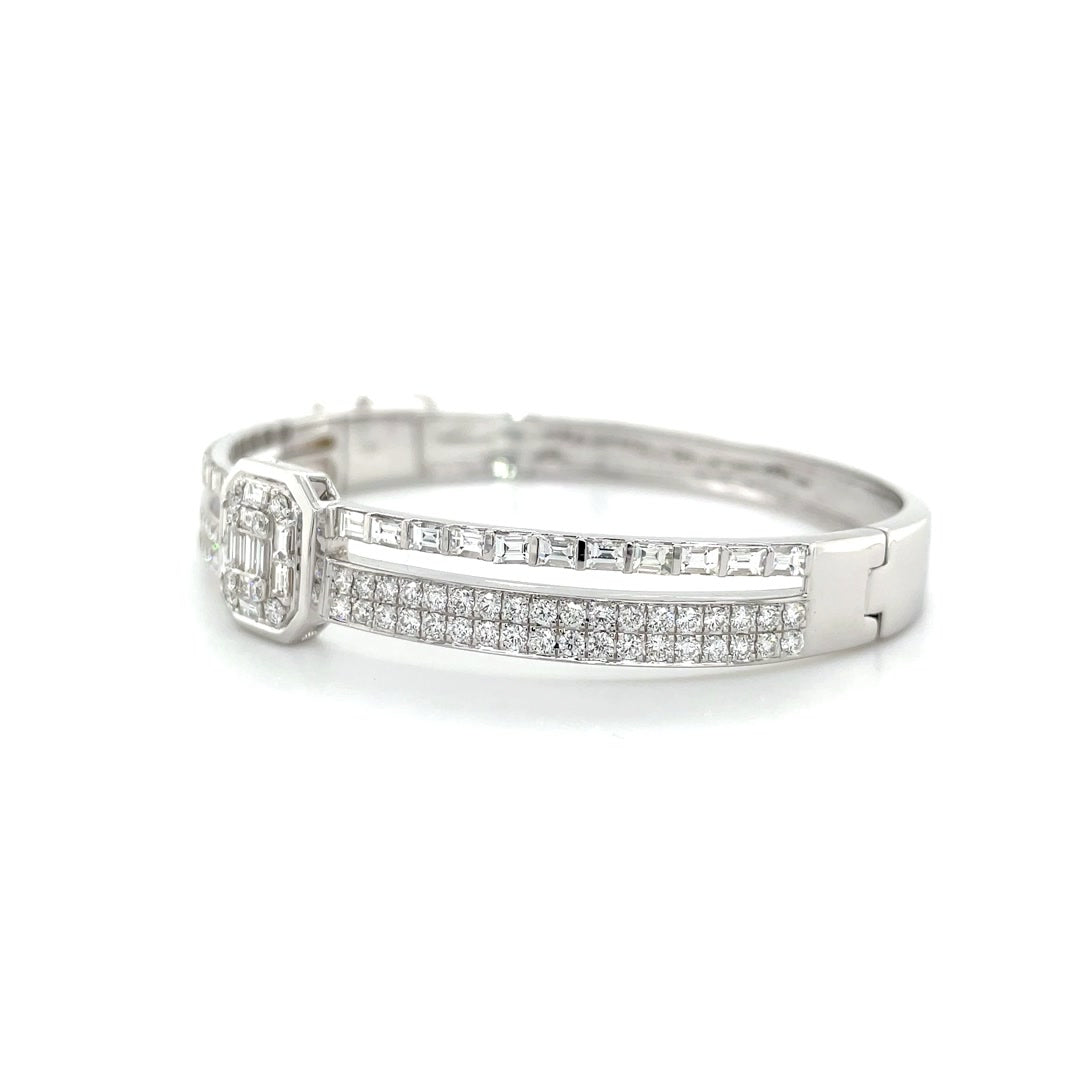 Two-Row Bezel-Set Square Pavé and Baguette Diamond Bangle in White Gold Diamonds House