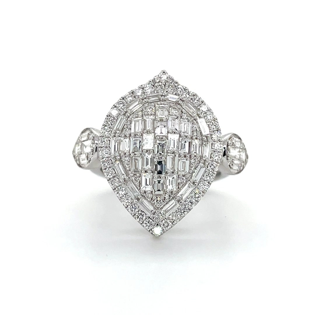 Teardrop Baguette Cluster and Round Diamonds Halo Ring Diamonds House