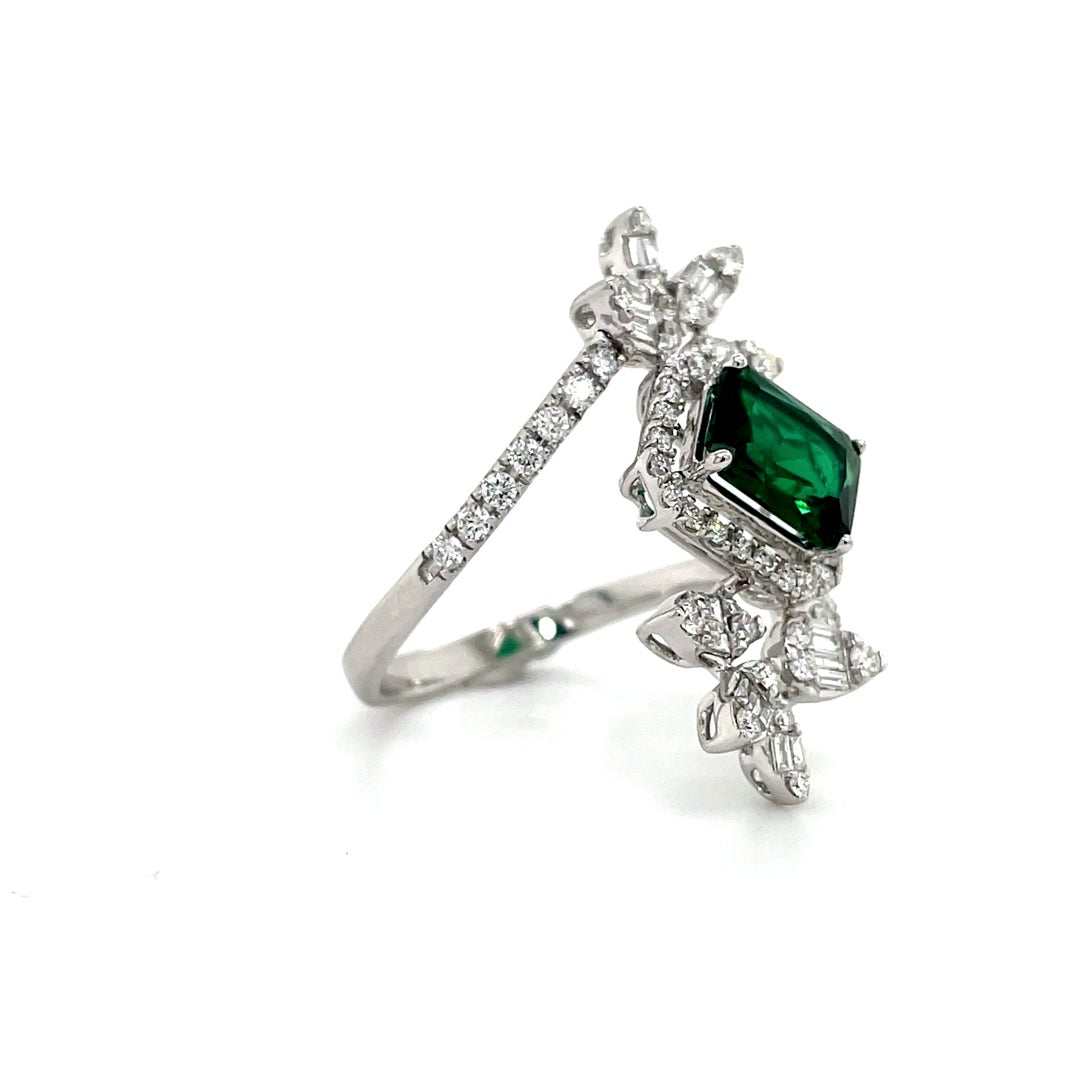 Emerald-Green Gemstone and Diamond Double Flower Ring Diamonds House