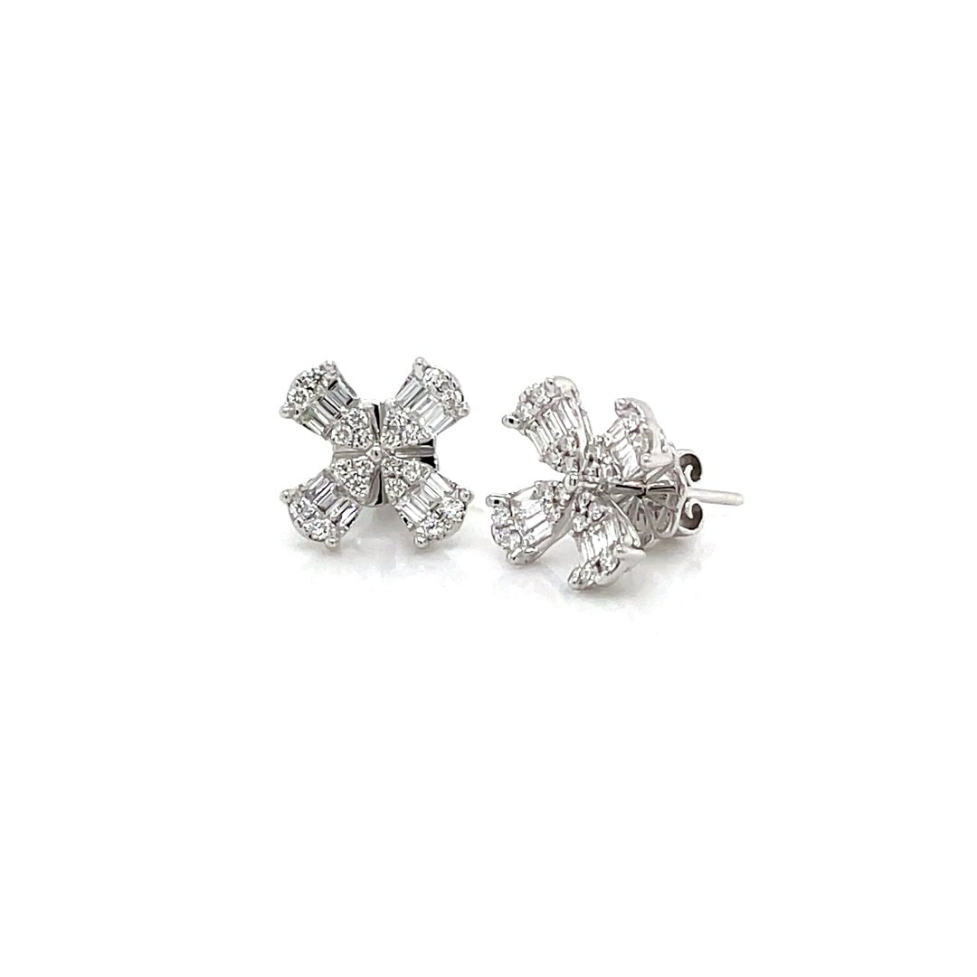 Four-Petal Baguette Diamond Stud Earrings in White Gold Diamonds House