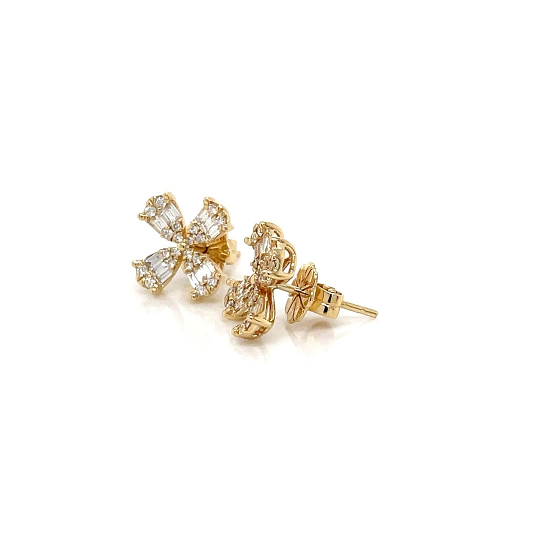 Four-Petal Baguette Diamond Stud Earrings in Yellow Gold Diamonds House