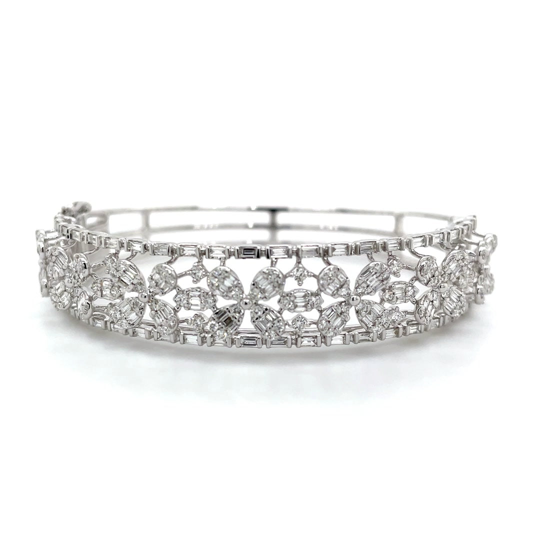 White Gold Floral Diamond Bangle with Intricate Openwork Design Diamonds House