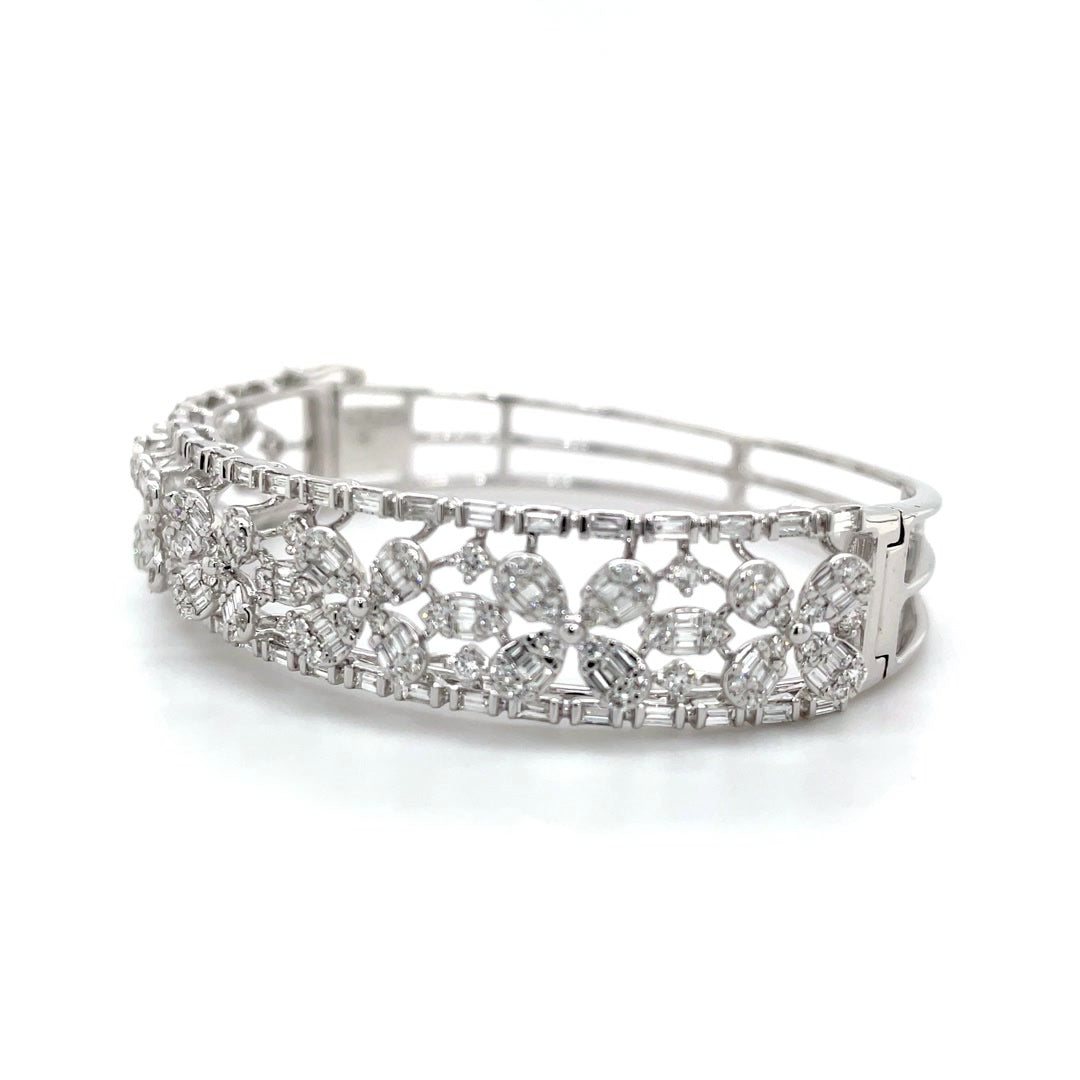 White Gold Floral Diamond Bangle with Intricate Openwork Design Diamonds House