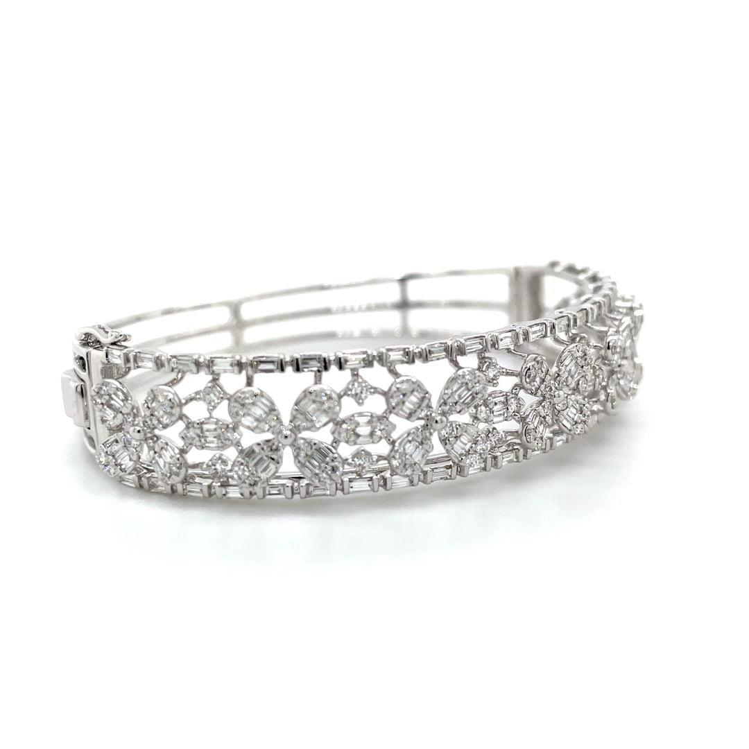 White Gold Floral Diamond Bangle with Intricate Openwork Design Diamonds House