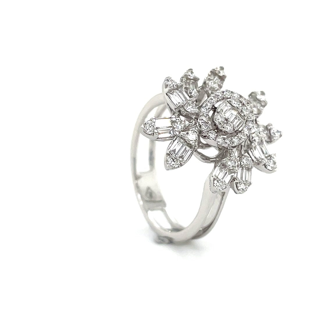 Round Diamond Baguette Halo Floral Burst Ring Diamonds House