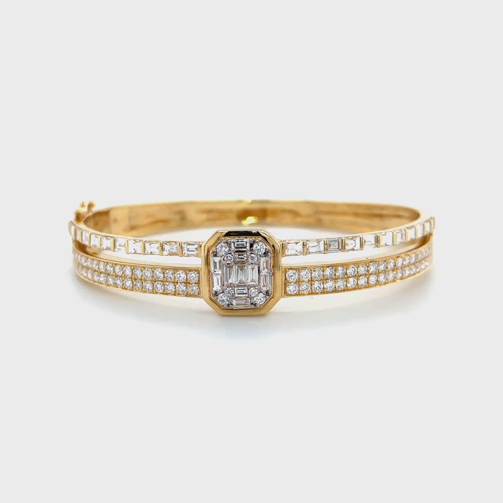 Two-Row Bezel-Set Square Pavé and Baguette Diamonds Bangle in Yellow Gold Diamonds House