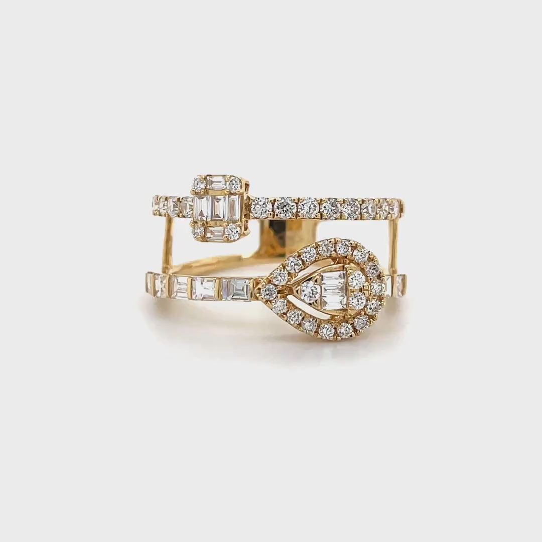 Two-Line Diamond Teardrop and Square Cage Ring in Yellow Gold Diamonds House