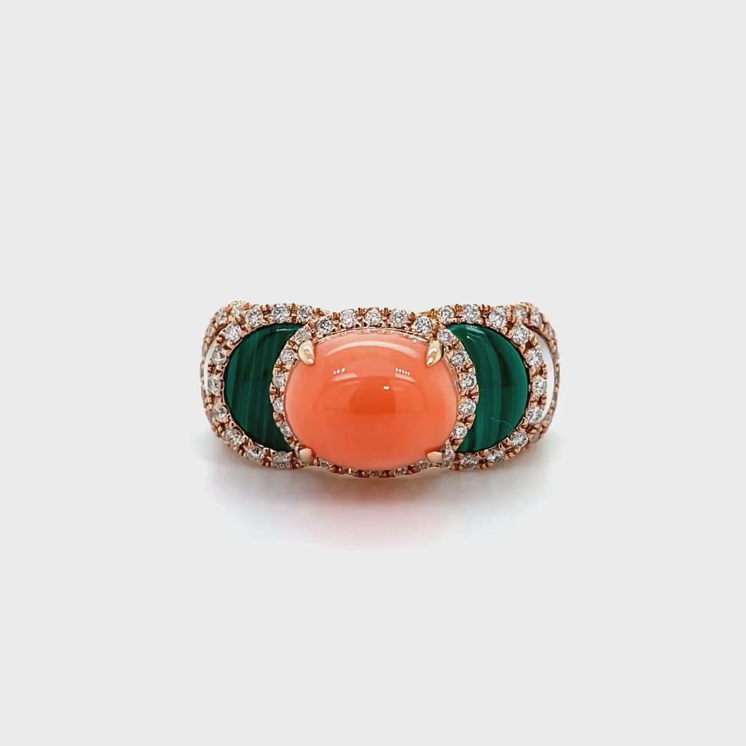 Coral and Malachite Statement Diamond Halo Ring Diamonds House